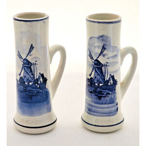 DELFTS HOLLAND-Shot Glasses-Blue White-Windmill-Handles-Set of 2
